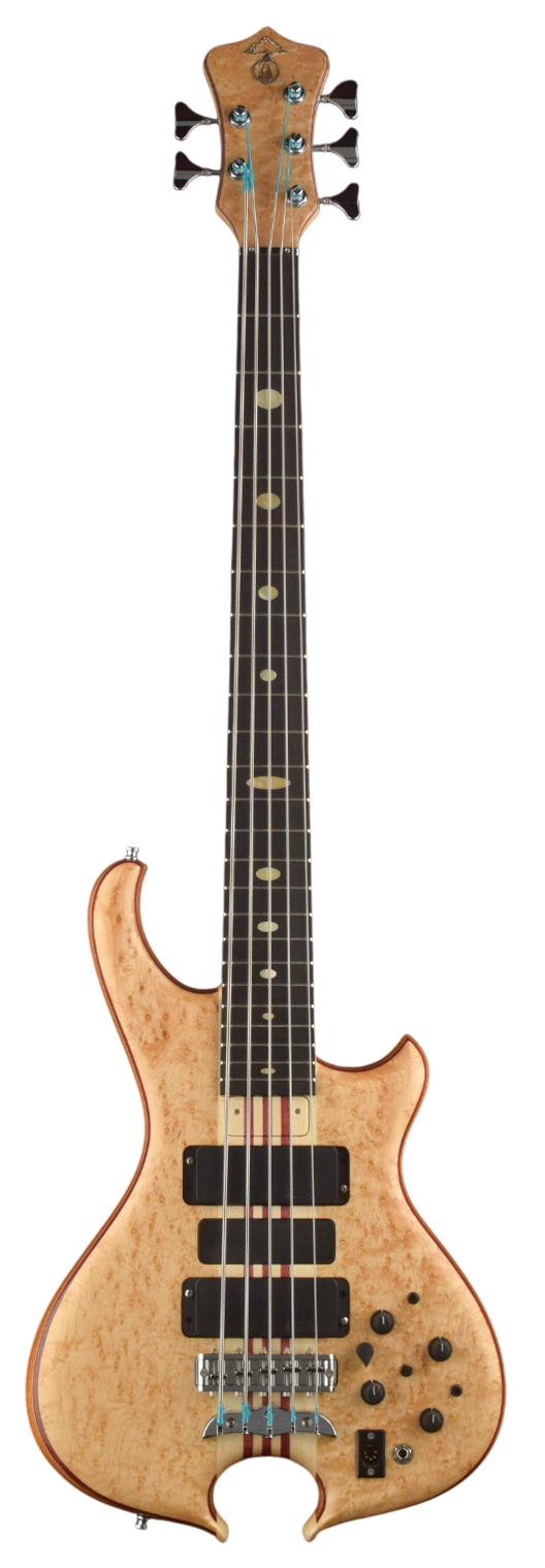 Front view of Series II 4-string bass in Quilted Maple