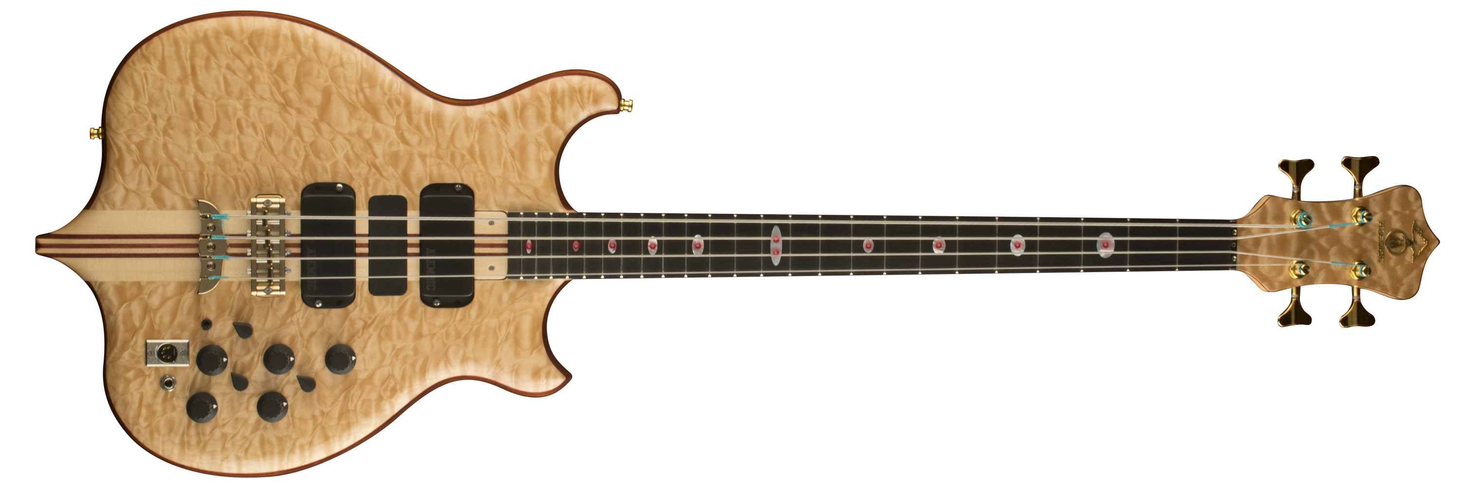 Front view of Series II 4-string bass in Quilted Maple