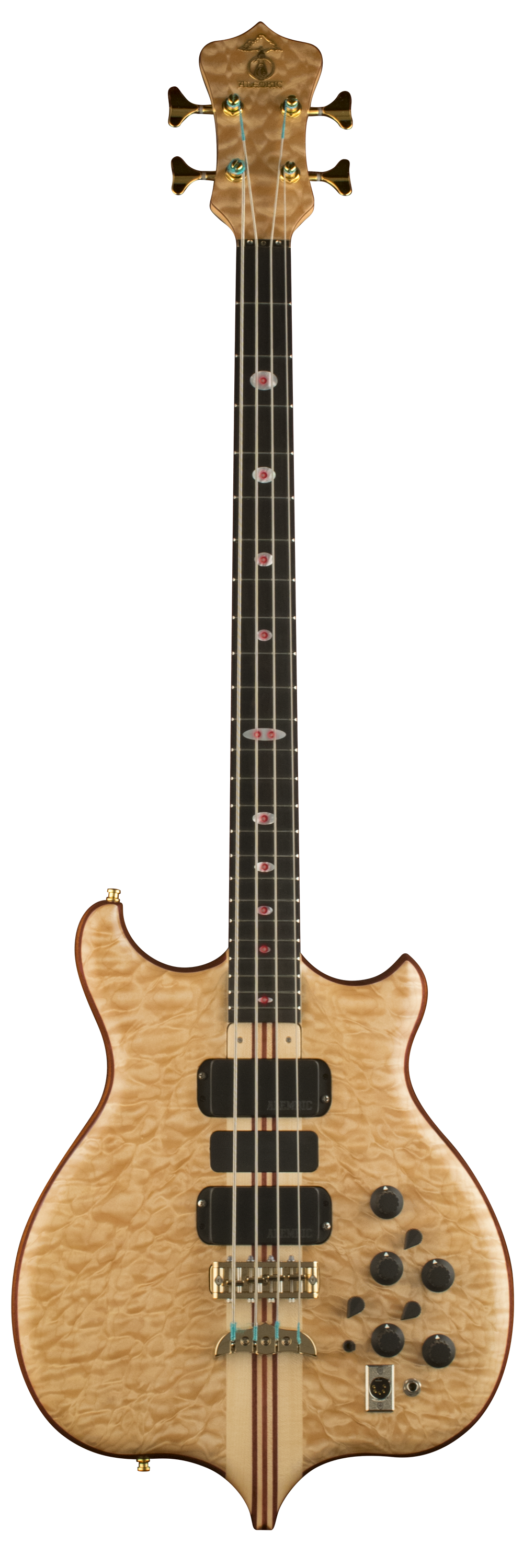 Front view of Series II 4-string bass in Quilted Maple