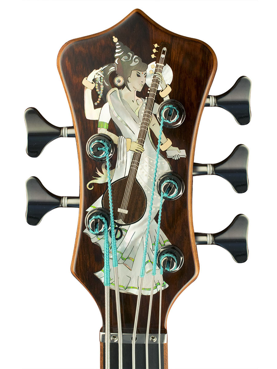 Saraswati's Dance inlay in white, gold, and black mother of pearl with opal, silver, gold, and Indian Rosewood