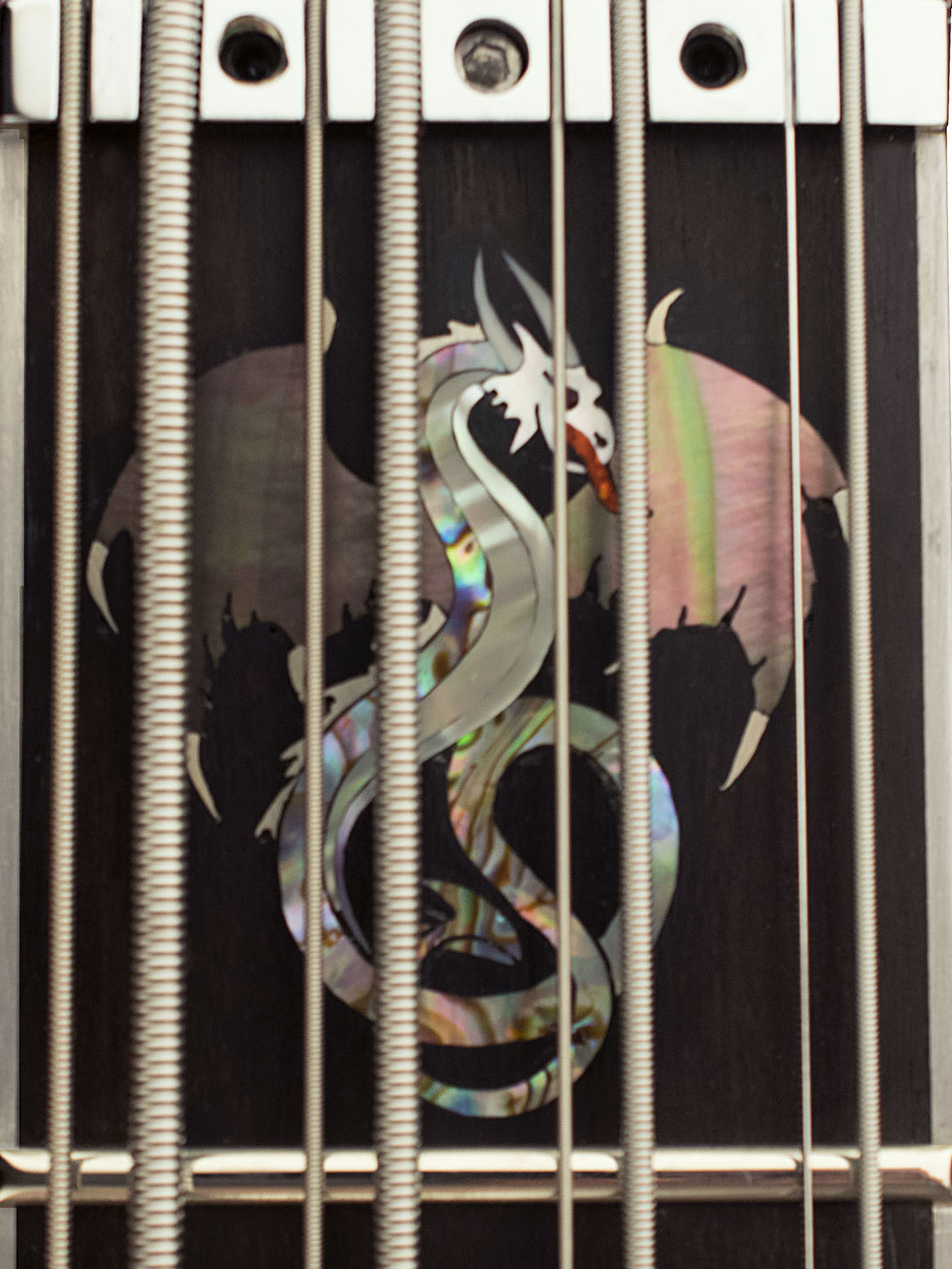 Wyvern inlay in black and white mother of pearl, abalone, silver, and red pearloid