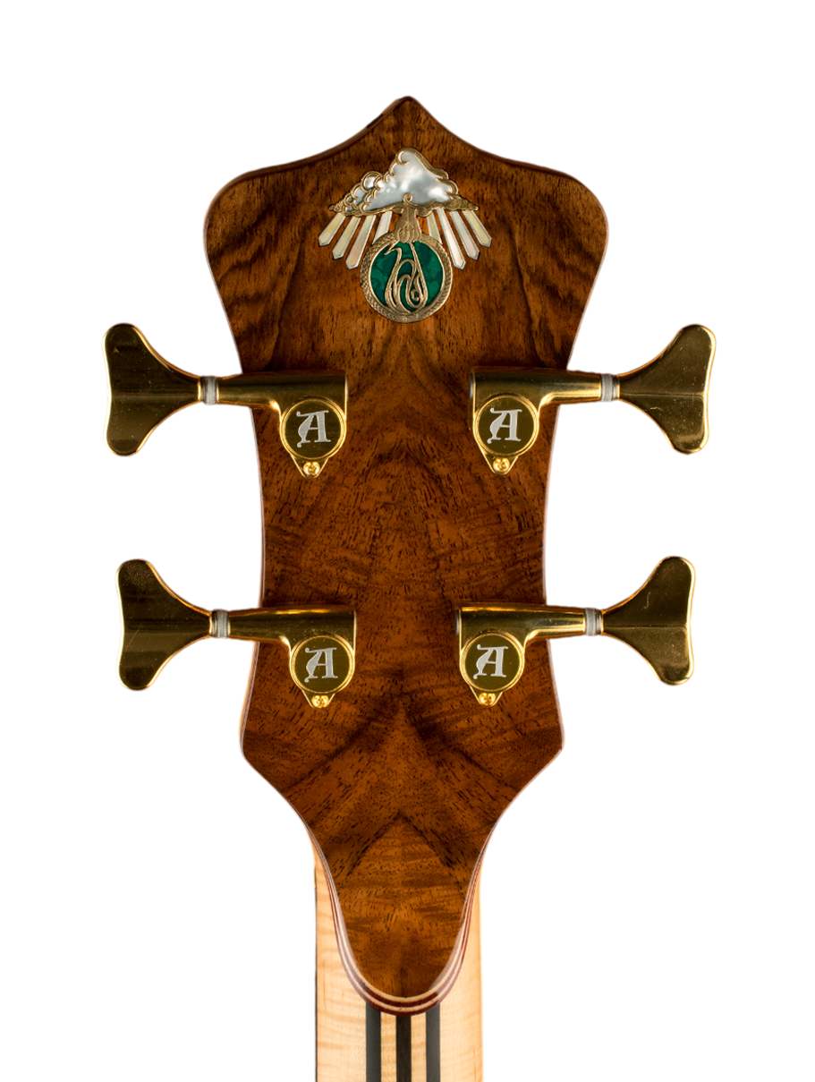 Bronze inlaid logo with mother of pearl and recon malachite plus gold mother of pearl with silver lining